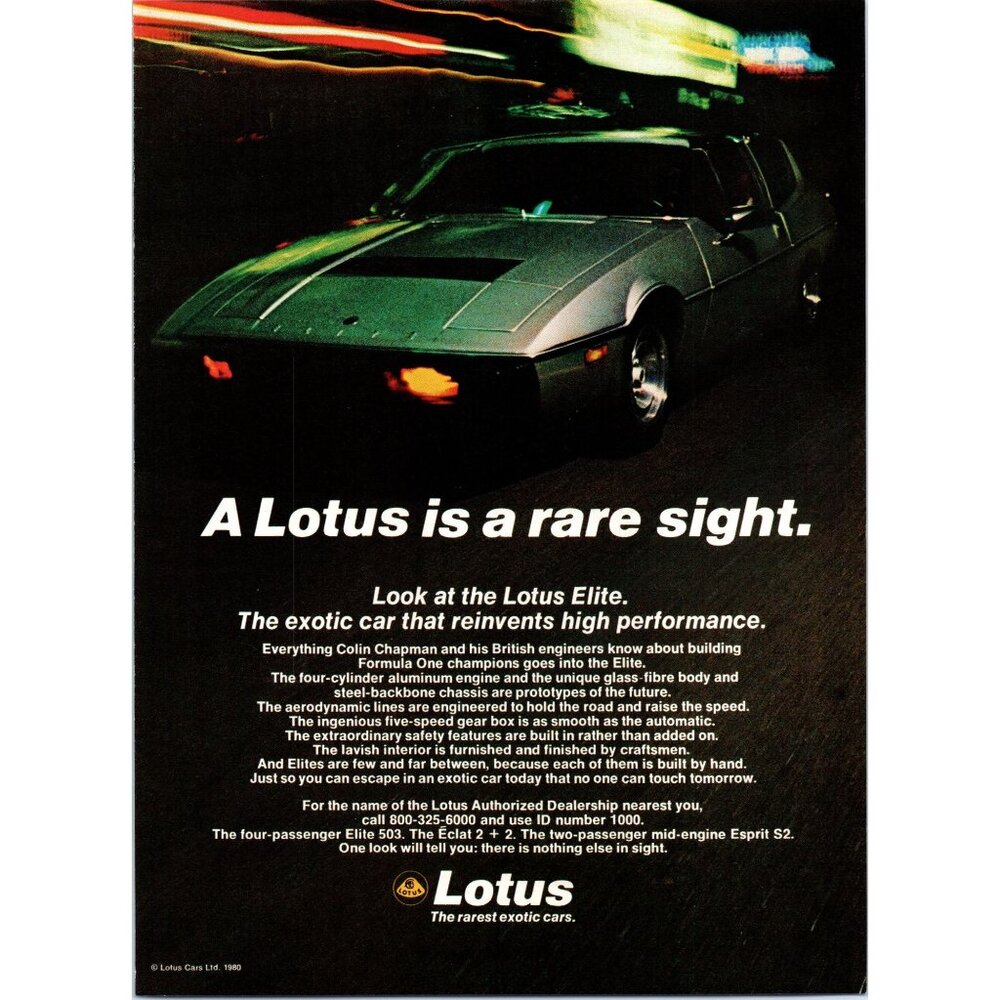 1980 Lotus Elite 503 Sports Car Vintage Print Ad Night Time Lapse 80s Wall Art